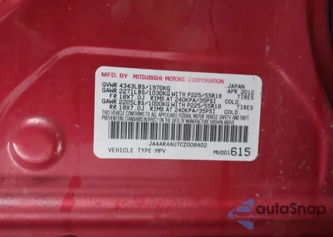 2012 Mitsubishi Outlander Sport Se z USA, uszkodzony, nr VIN JA4AR4AU7CZ008402